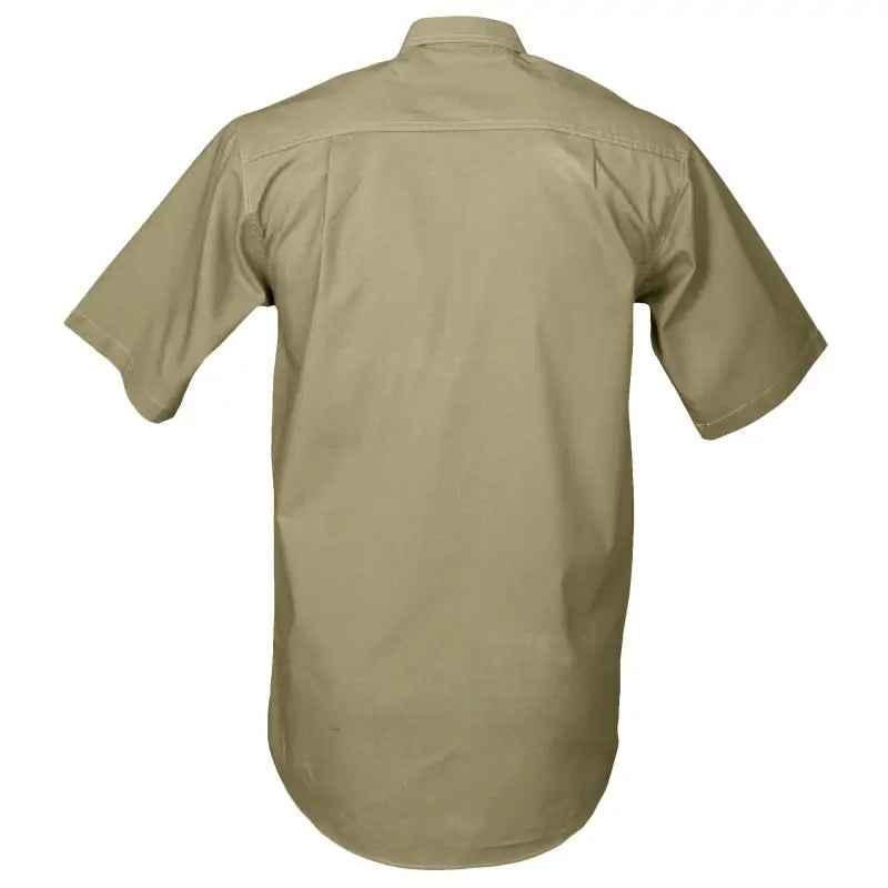 Khaki short-sleeved button-up Safari Shirt for men, ideal as a hunting shirt for outdoor essentials