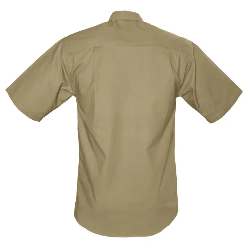 Khaki short-sleeved button-up shirt back view featuring buffalo logo trail design