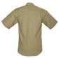 Khaki short-sleeved button-up shirt with functional shoulder straps for essential outdoor wear