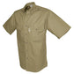 Khaki short-sleeved button-up shirt with chest pockets for essential outdoor activities