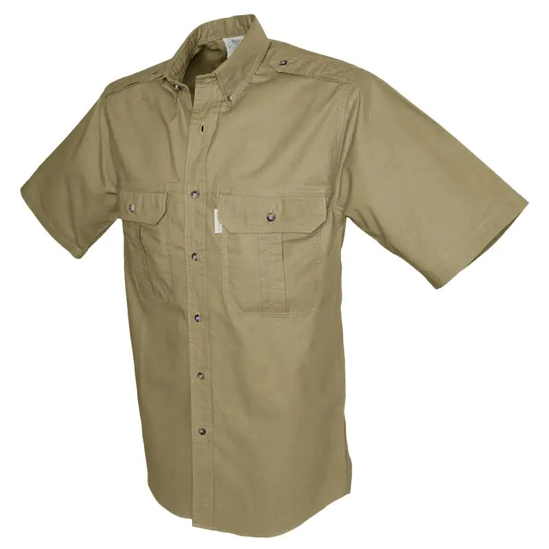 Khaki short-sleeved button-up shirt with chest pockets for essential outdoor activities