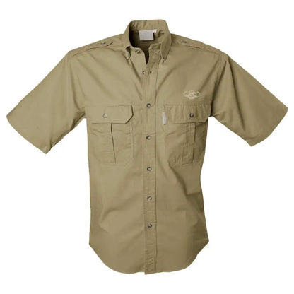 Khaki short-sleeved button-up shirt with chest pockets from TAG Buffalo Logo Trail