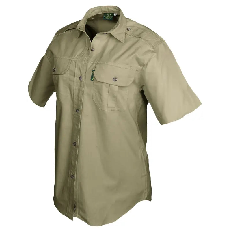 Khaki short-sleeved Trail Shirt for Women with chest pockets, ideal essential outdoor gear