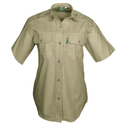 Khaki short-sleeved women’s Trail Shirt with chest pockets, ideal for essential outdoor gear