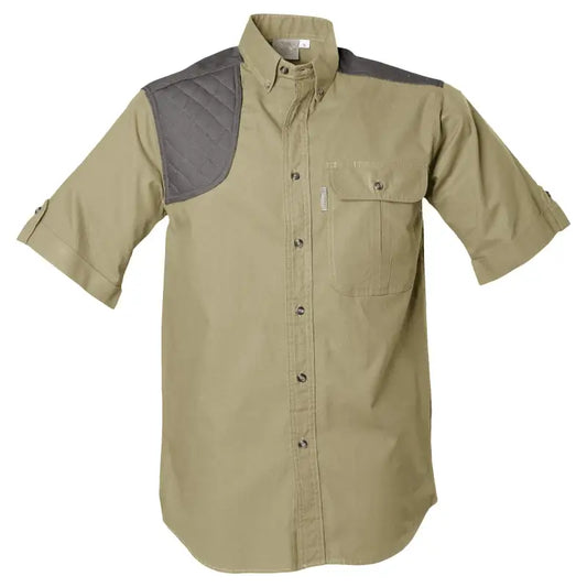 Khaki Upland Shirt for Men with dark gray shoulder patch, ideal for first responders