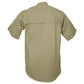 Khaki short-sleeved Clay Bird shirt for men featuring a back yoke panel