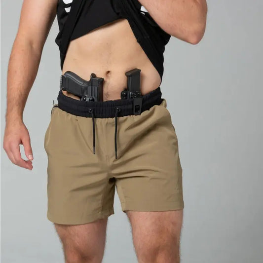 Khaki Carrier Training Shorts with concealed carry holsters and retention belt features