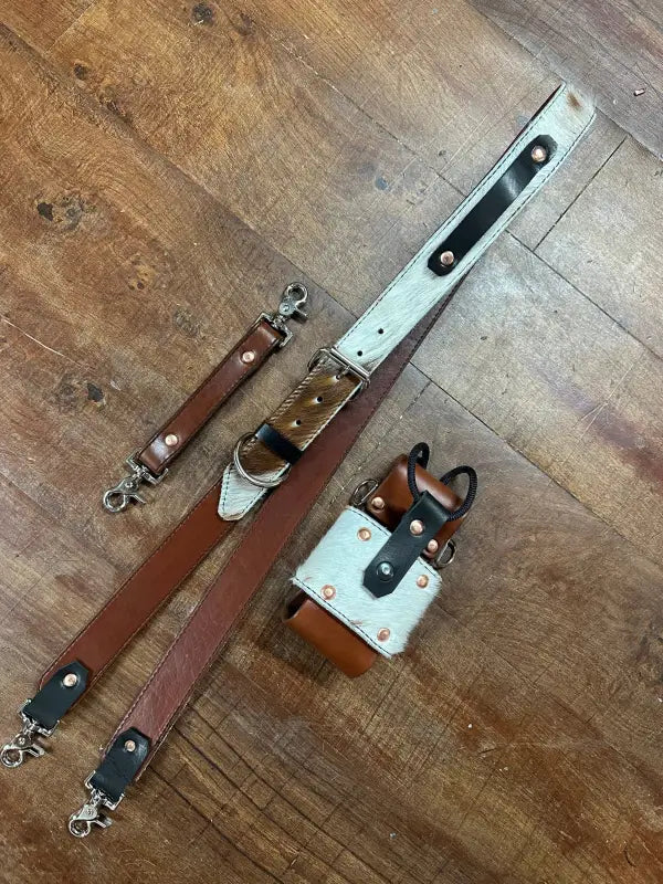 Genuine Hair On Radio Strap Set with leather and cowhide bag straps for vintage style