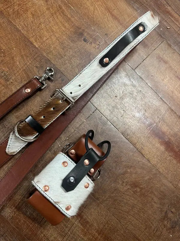 Genuine Hair On Radio Strap Set with Leather and Cowhide Camera Strap and Holster