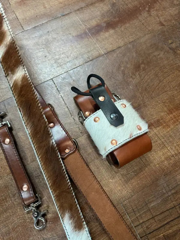 Genuine Hair On Radio Strap Set with Leather and Cowhide Camera Strap and Holster
