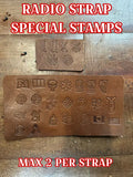 Leather stamp samples for Genuine Hair On Radio Strap Set showcasing high-quality radio strap accessories