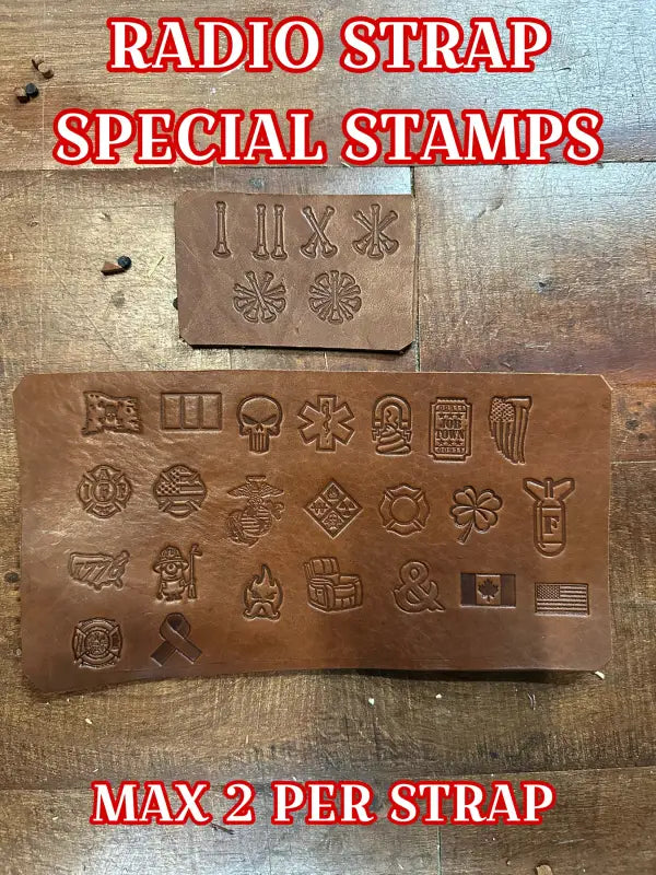 Leather stamp samples for Genuine Hair On Radio Strap Set showcasing high-quality radio strap accessories
