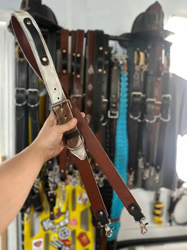 Genuine Hair On Radio Strap Set with Leather Suspenders and Metal Hardware