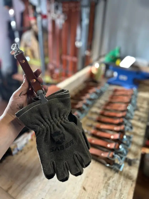 Leather work gloves with wrist strap for first responders firefighter police safety gear