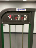 SFE Selectorized Horizontal Leg Press with 250lb weight stacks and usage instructions