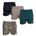 Four pairs of stylish boxer shorts in black, beige, green, and leopard print