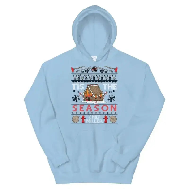 Light blue ugly Christmas hoodie featuring a festive gingerbread house design