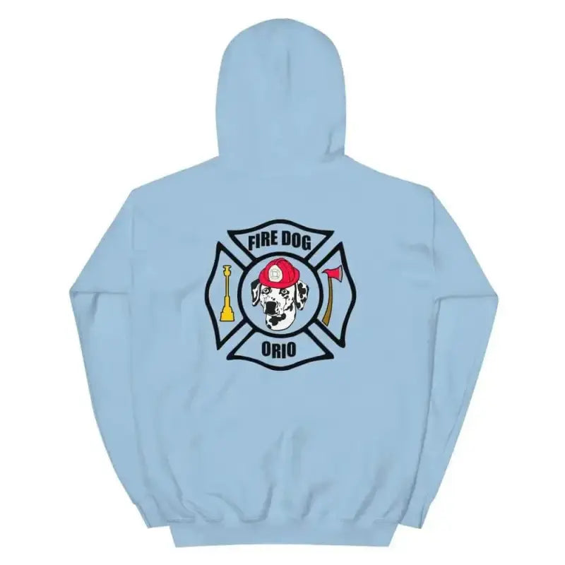 Light blue Orio The Fire Dog unisex hoodie with Dalmatian logo on back