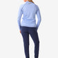 Light blue long-sleeve athletic top with navy workout pants in Women’s Scrub Jacket