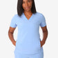 Light blue women’s stash-pocket scrub uniform with v-neck top and matching pants