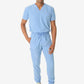 Light blue men’s double-pocket scrub uniform with v-neck top and drawstring pants