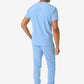 Light blue men’s double-pocket scrub top with short sleeves and jogger-style pants