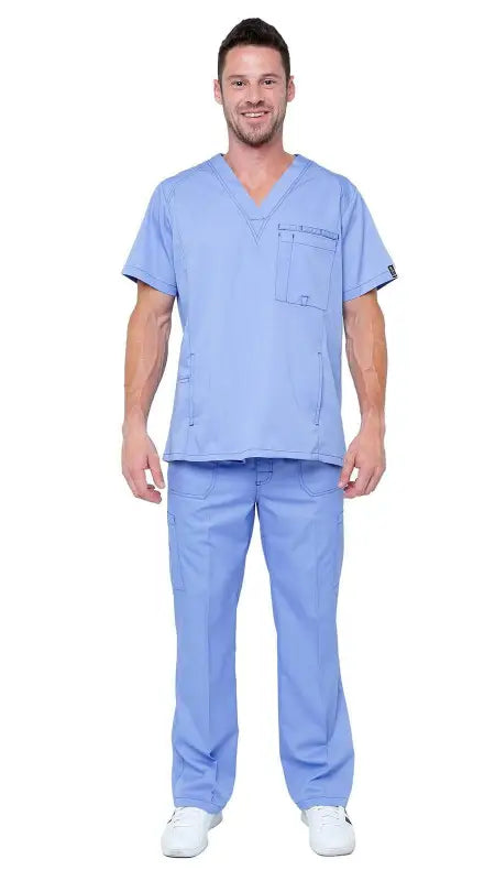 Light blue Men’s Multi Pocket Utility Medical Scrubs with v-neck top and matching pants