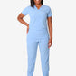 Light blue women’s tuckable one-pocket scrub top with matching pants for comfort and style