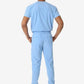 Light blue men’s double-pocket scrub top with matching sweatpants and white sneakers