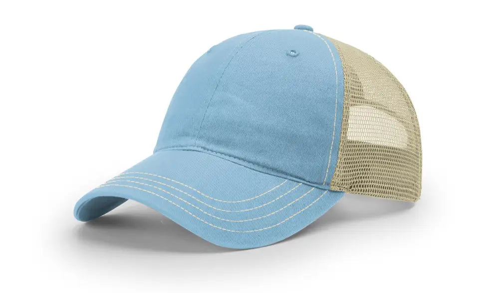 Light blue and tan trucker hat with leather patch for firefighter and first responders warmth