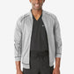 Light gray men’s scrub jacket with black trim over a black v-neck shirt