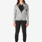 Light gray women’s scrub jacket with black pants and white sneakers outfit