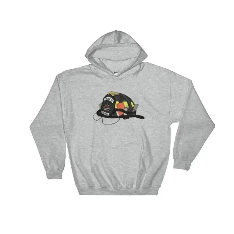 Light gray hoodie featuring a firefighter helmet graphic for Truck Co. Engineer Helmet