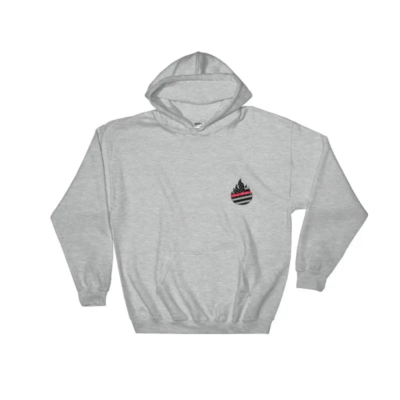 Light gray dog hoodie with flame logo and athletic rib knit for comfort