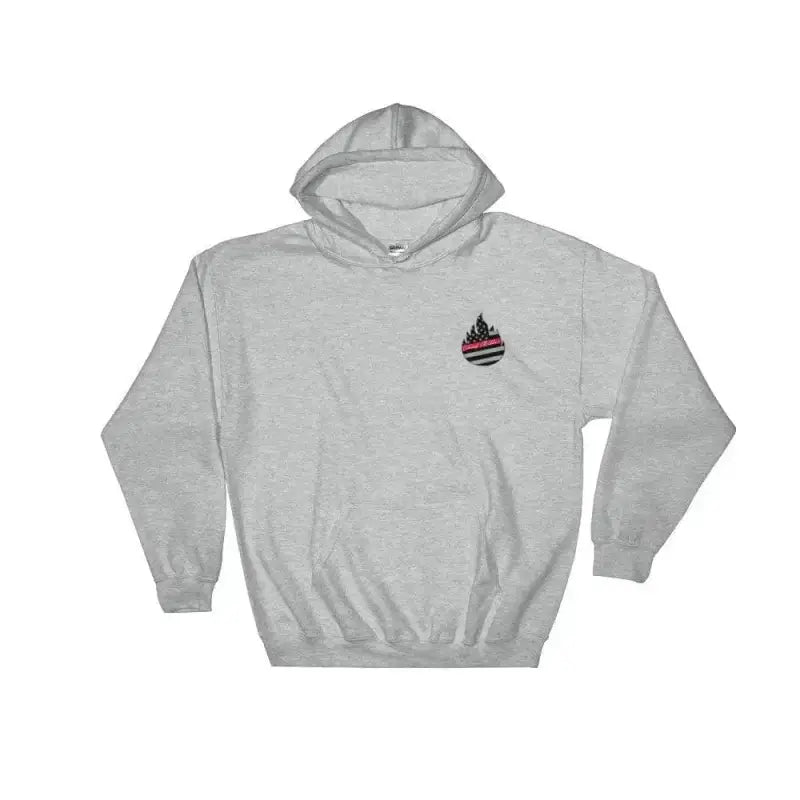 Light gray sport grey hoodie with flame emblem, Skylight Specialist logo on back