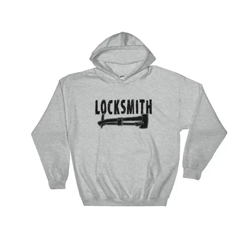 Light gray locksmith hoodie featuring black text and hammer graphic design