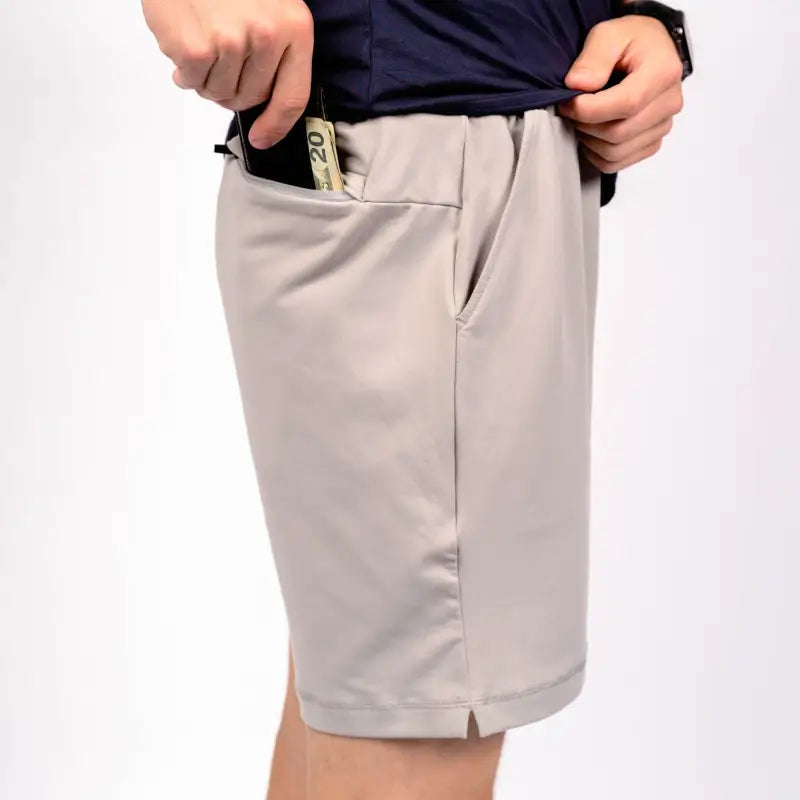 Light gray Carrier Shorts with patented carrier retention waistband and cash in pocket