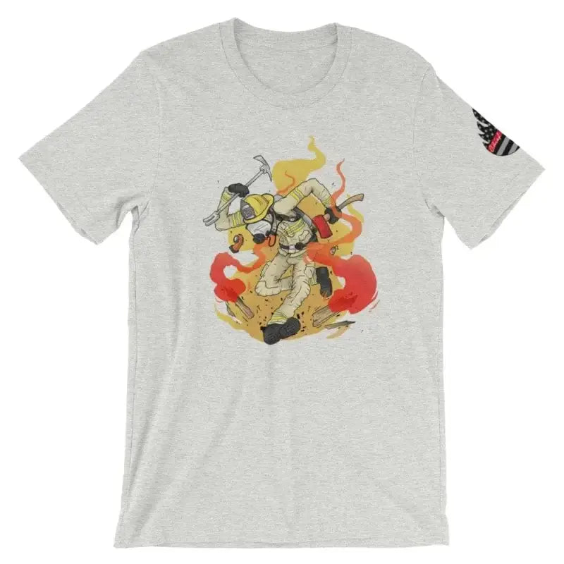 Light gray t-shirt with samurai warriors illustration in yellow and orange tones