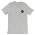Light gray firefighter short sleeve t-shirt with black and red flame logo on chest