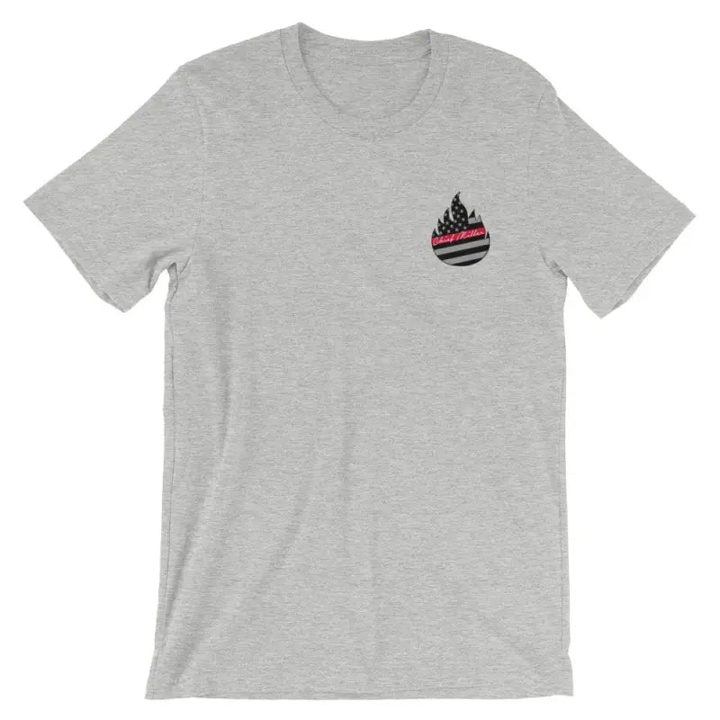 Light gray firefighter short sleeve t-shirt with black and red flame logo on chest