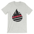 Light gray t-shirt with black and white American flag in flame, heather prism dusty style