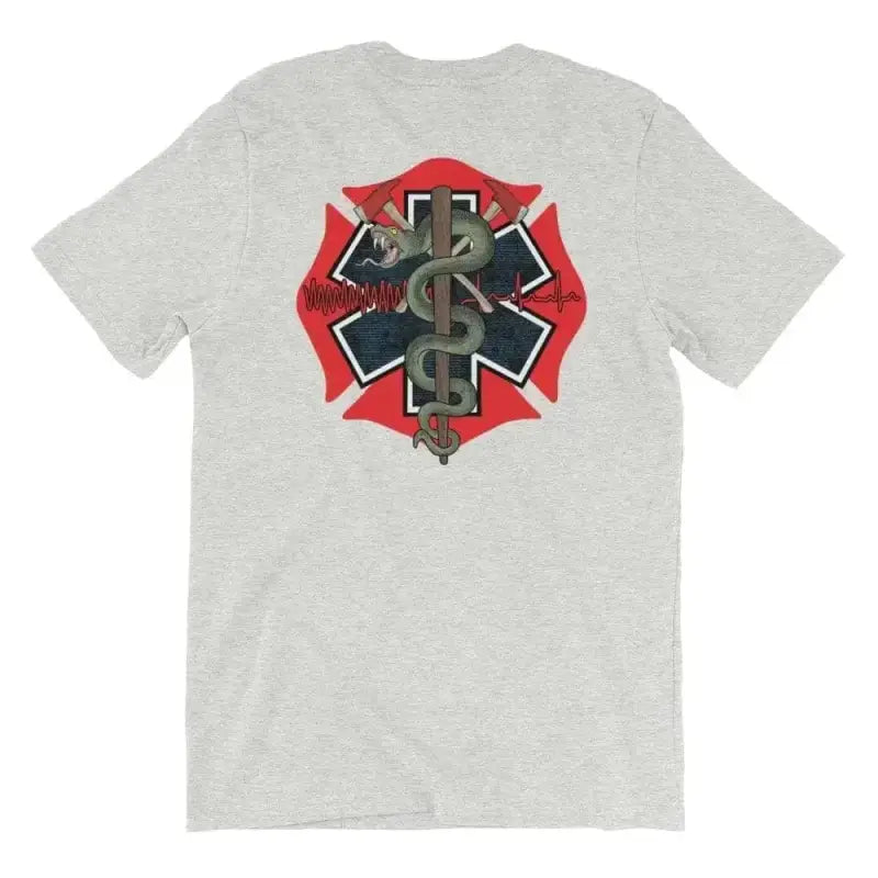 Light gray t-shirt with firefighter EMT logo, great for dark grey heather enthusiasts