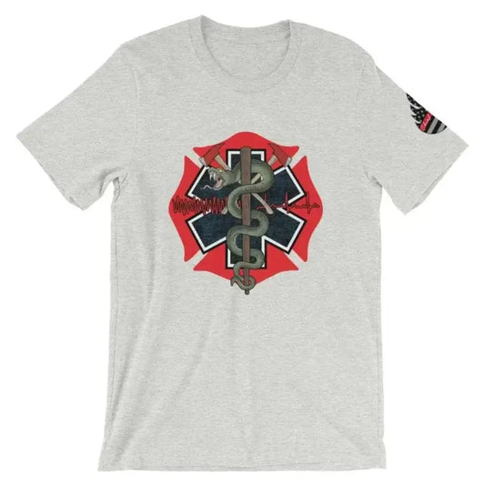 Light gray t-shirt with firefighter EMT logo and red Maltese cross in athletic heather