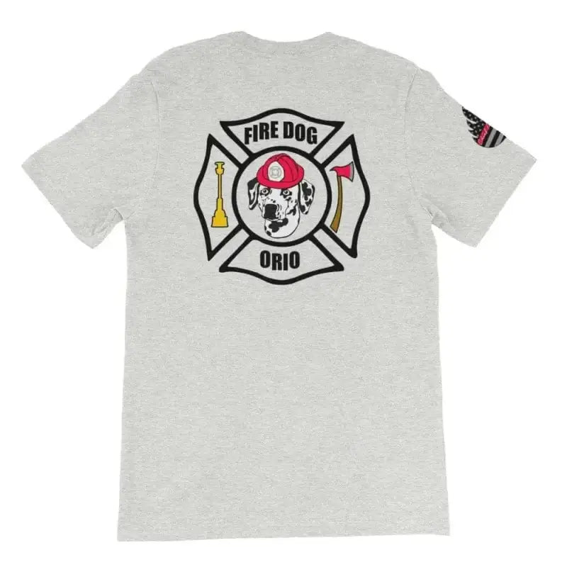 Light gray dog short-sleeve t-shirt featuring Fire Dog Ohio logo with Maltese cross design