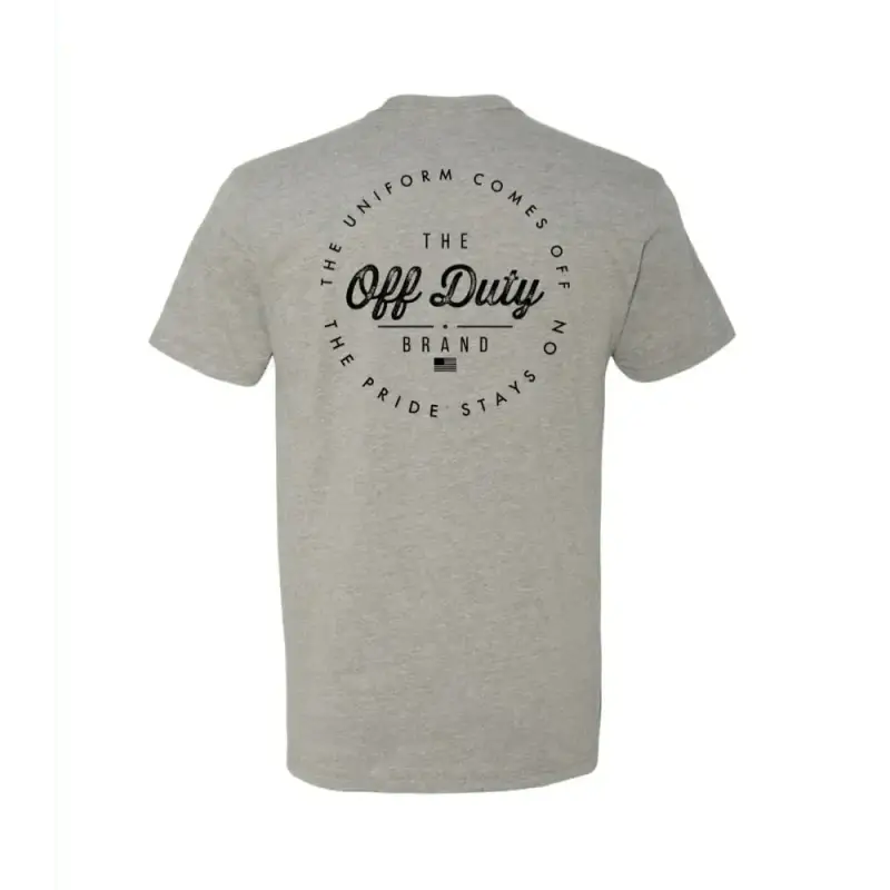 Light gray Off Duty Essential Tee featuring circular text design on back