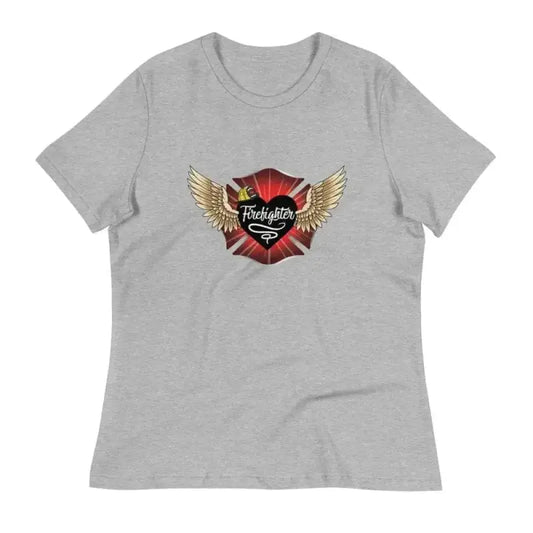 Light gray t-shirt with firefighter emblem, golden wings, red shield, winged heart design