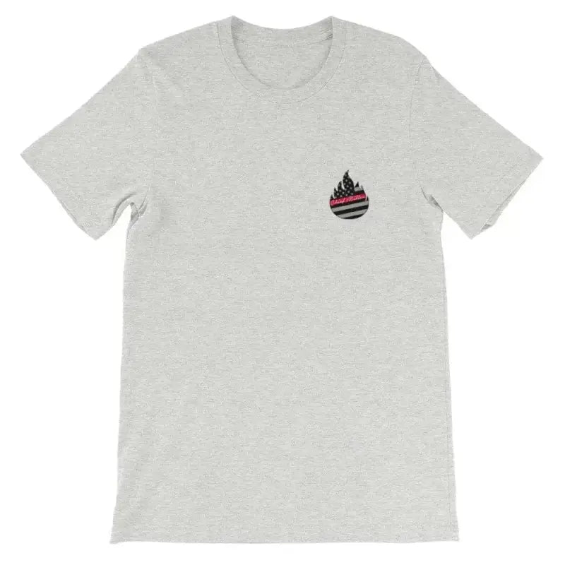 Light gray short-sleeve unisex t-shirt with small flame logo on the chest