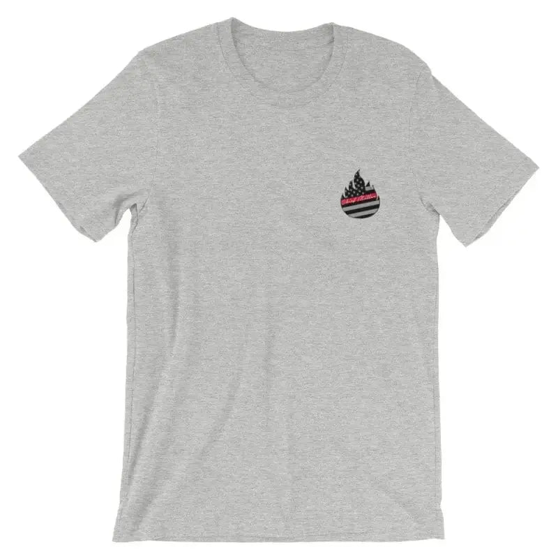 Light gray short sleeve t-shirt with flame logo, part of Snake On A Fire Stick collection