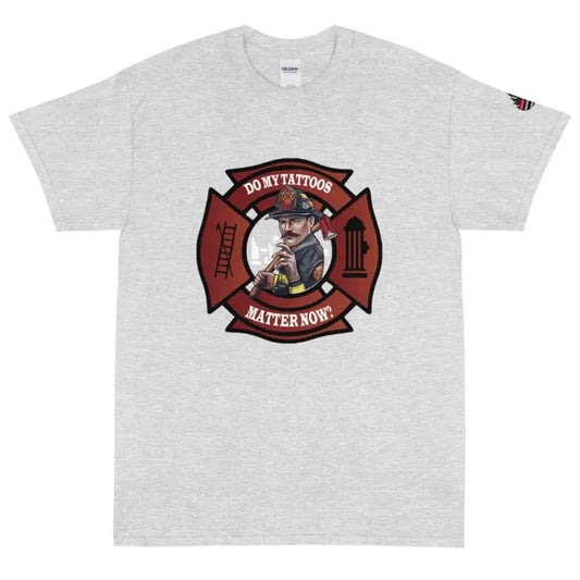 Light gray short sleeve t-shirt with cherry red firefighter Maltese cross and tattoos matter text