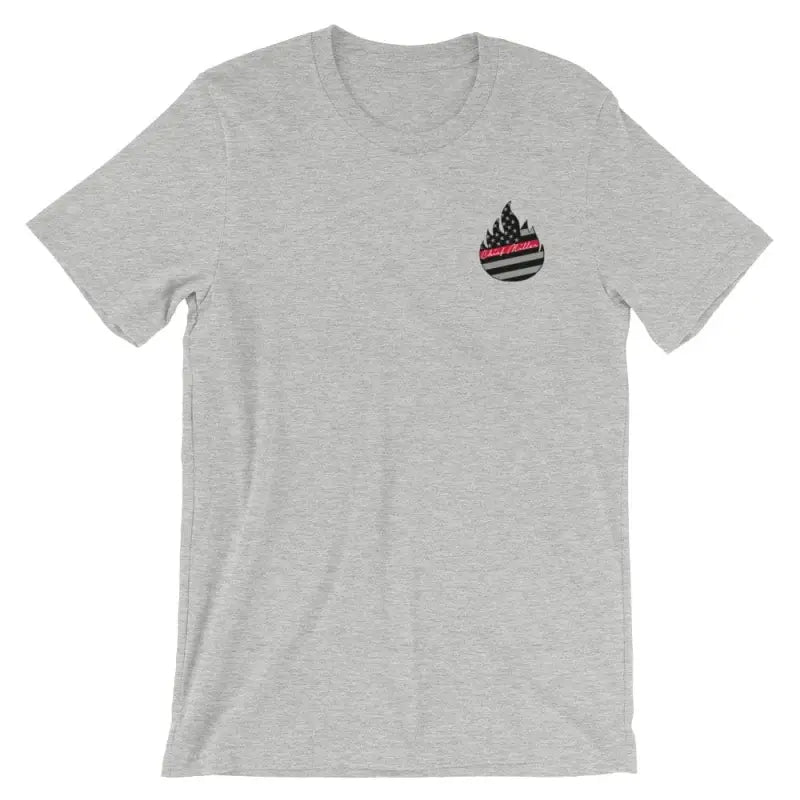 Light gray athletic heather t-shirt with red-striped flame logo for Tattoos Matter design